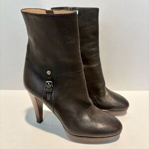 Longchamp Brown Leather Boots Mid Calf Platform Stiletto Size 37 Luxury Designer